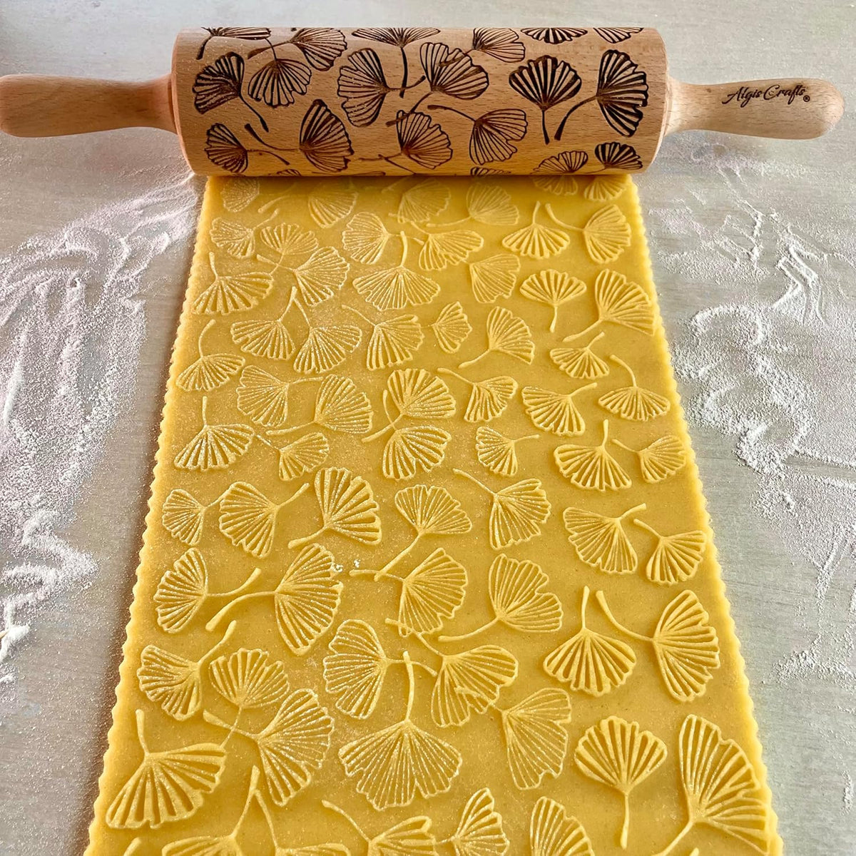 Embossing Rolling Pin GINKGO with Ginkgo Biloba Leaves Pattern – Dough and Clay Roller for Embossed Cookies and Pottery - Cookie and Ceramic Stamp - Baking Gifts for Women by Algis Crafts