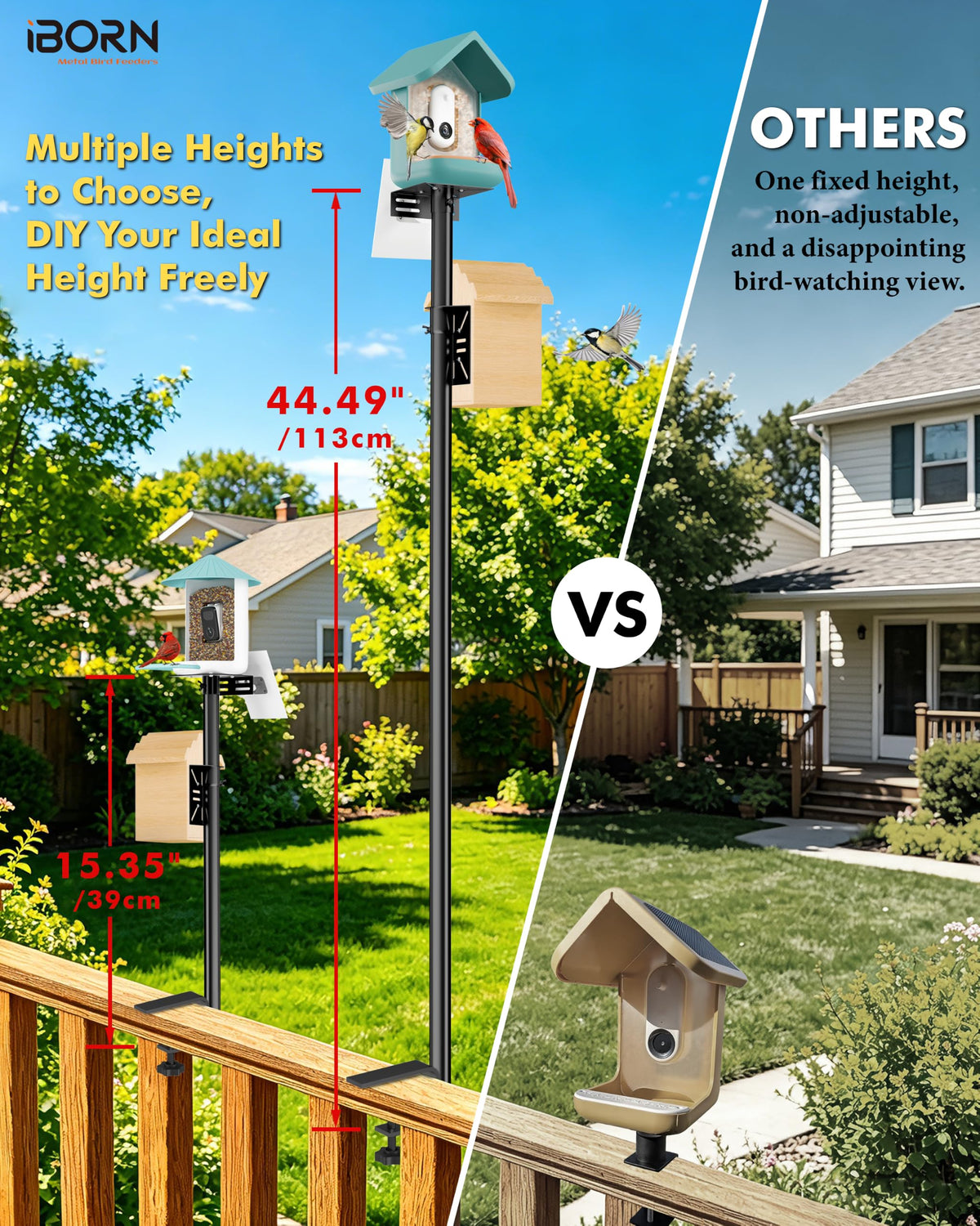 iBorn Bird Feeder Pole for Deck C-Clamp On Railing Mount Camera Bird Feeder Pole 3in1 Compatible Deck Mount Poles for Outdoors Adjustable Bird House Bracket Mount Kit Universal for Smart Feeder