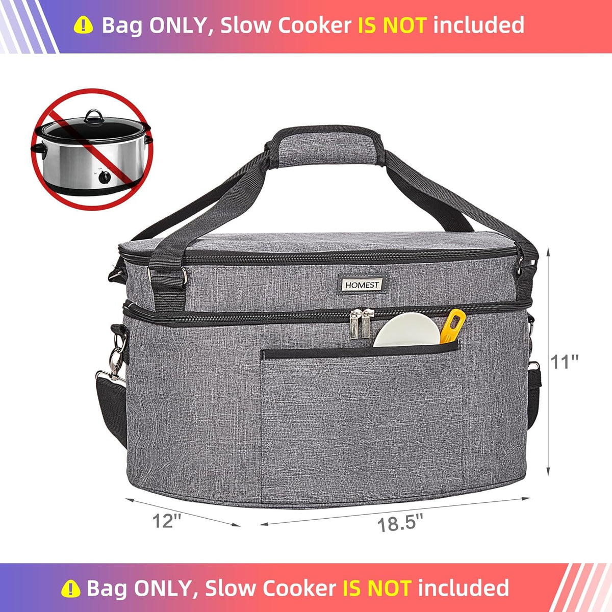 HOMEST Slow Cooker Bag for Crock-Pot 6-8 Quart, Insulated Travel Carrier with Easy to Clean Lining, Carry Case with Top Zip Compartment and Accessory Pocket
