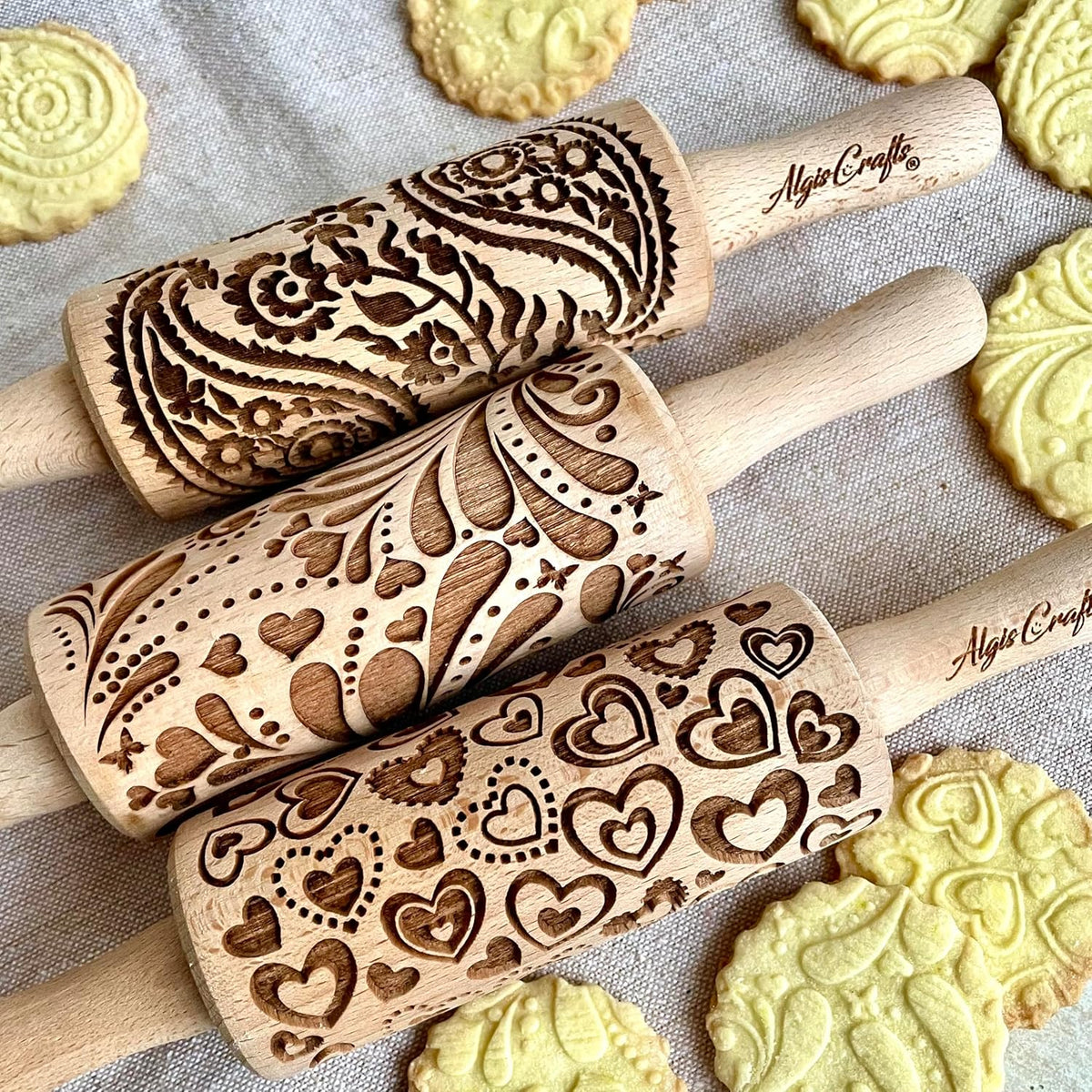 LOVELY DAY 3 KID Rolling Pin SET with HEART, PAISLEY and SPRING patterns. Wooden Laser Cut Mini embossing Rolling Pins for cookies, play dough, salt dough or clay by Algis Crafts