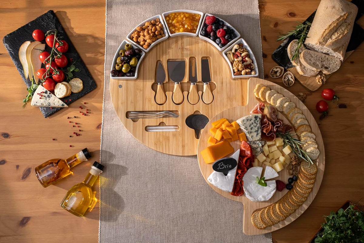 Charcuterie Cheese Board and Platter Set - Made from Bamboo Wood - US Patented 16 inch Cheese Cutting Board and Knife for Entertaining and Serving - 4 Knives - 5 Bowls - 2 Cheese Markers - 4 Forks