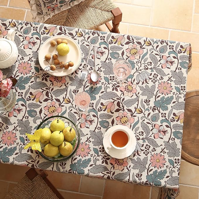 ISAENNE Designer Boho Floral Extra Long Tablecloth Rectangle,Linen Lotus Flower Pattern Colorful Table Cloth,Durable Decor Tablecloths for Dining Thanksgiving Kitchen Christmas,63"*110"-Hazel A
