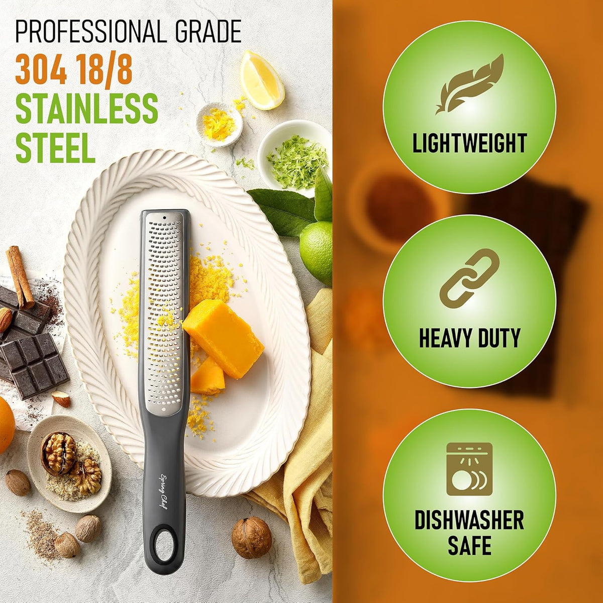 Spring Chef Premium Gray Lemon Zester Grater with Handle - Lime, Garlic, Ginger, Orange, Nutmeg, Fruit Grater - Heavy Duty Kitchen Tool - Stainless Steel Citrus Zester with Blade Cover - Fine Shred