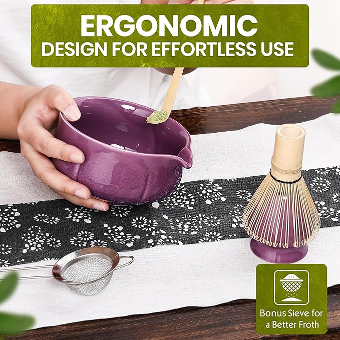 Matcha Whisk Set – 5 Piece Japanese Matcha Tea Set w/Ceramic Matcha Bowl, 100-Prong Bamboo Whisk & Holder, Scoop, & Stainless Sifter – Traditional Matcha Making Kit (Midnight Purple)