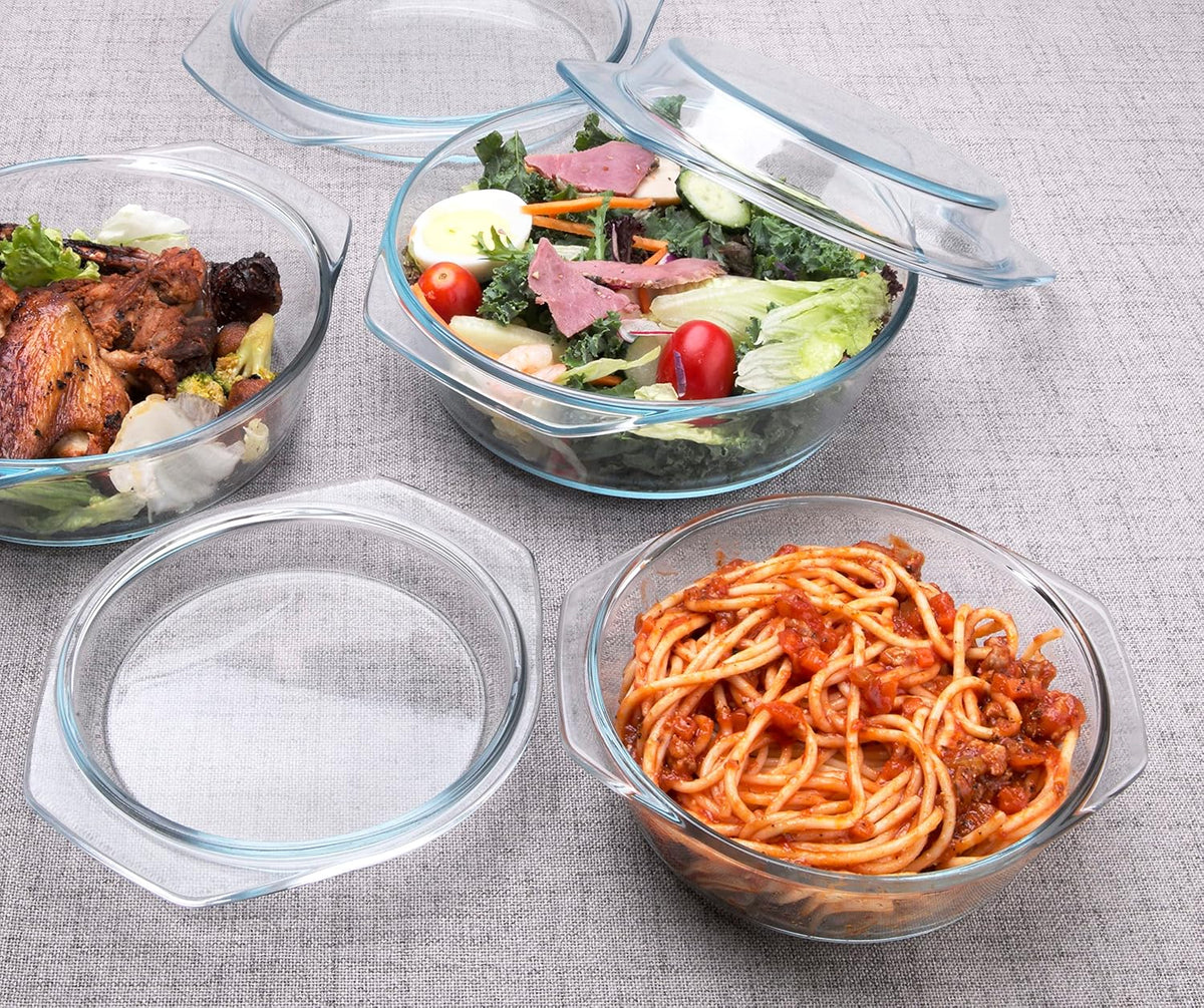 Set of 6 Pieces Round Tempered Glass Casserole Dish with Lids, Glass Casserole Baking Dish Set for Oven, Freezer and Dishwasher Safe - 0.7QT+1QT+1.5QT