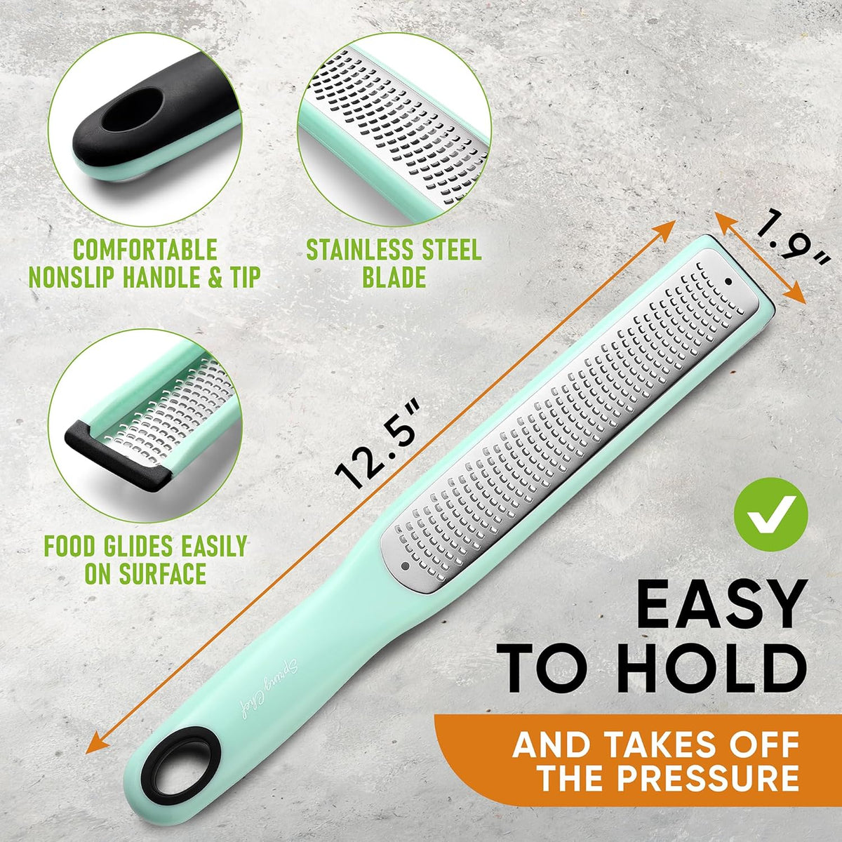 Spring Chef Premium Lemon Zester Grater with Handle - Fruit, Garlic, Lime, Orange, Nutmeg, Garlic Grater - Heavy Duty Kitchen Tool - Stainless Steel Citrus Zester with Blade Cover - Fine Shred, Mint