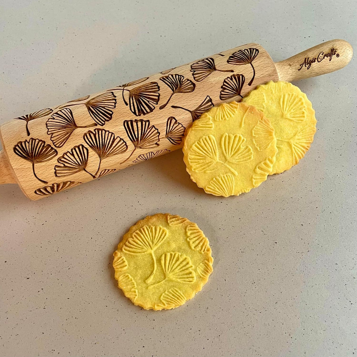Embossing Rolling Pin GINKGO with Ginkgo Biloba Leaves Pattern – Dough and Clay Roller for Embossed Cookies and Pottery - Cookie and Ceramic Stamp - Baking Gifts for Women by Algis Crafts