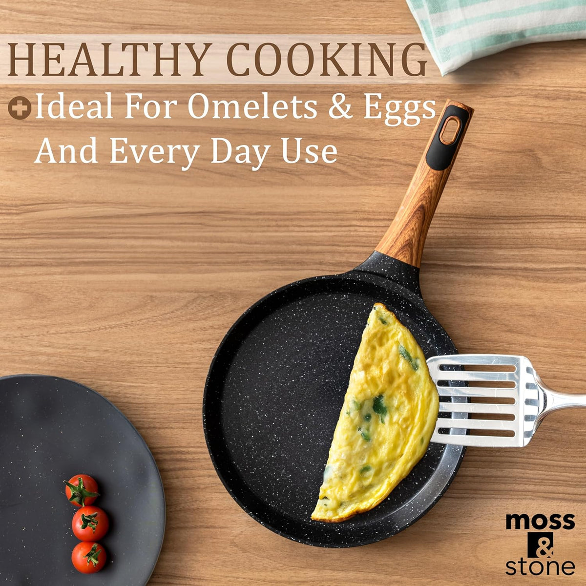 Moss & Stone 9.5 Inch Nonstick Crepe Pan with Spreader, Dosa Pan for Roti Dosa Tawa Comal Para Tortillas, Ceramic Flat Skillet Pan Induction Compatible, Pancake Pan for Stove Top - Black