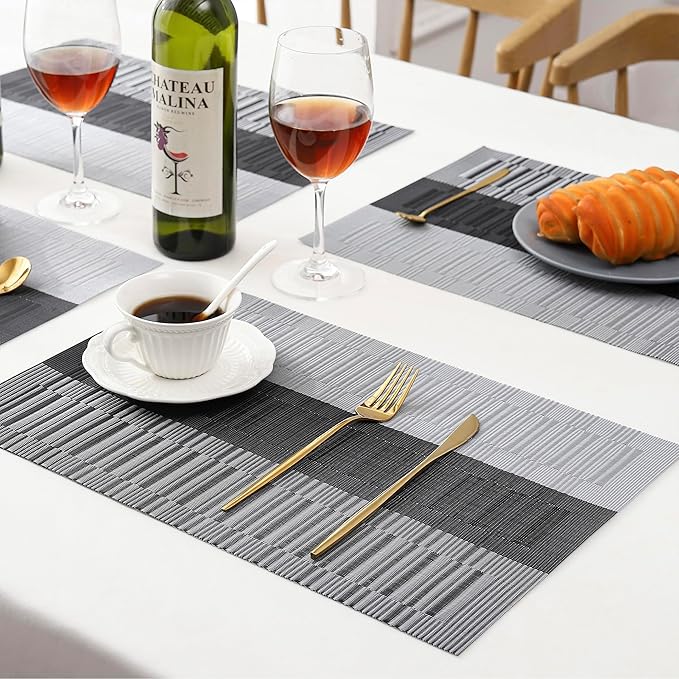 Leetaltree Grey with White Striped Placemats Set of 12 - Heat Resistant Non-Slip Place mats for Dining Table, Washable Durable PVC Vinyl Woven Table Mats（Grey Stripe, 12）