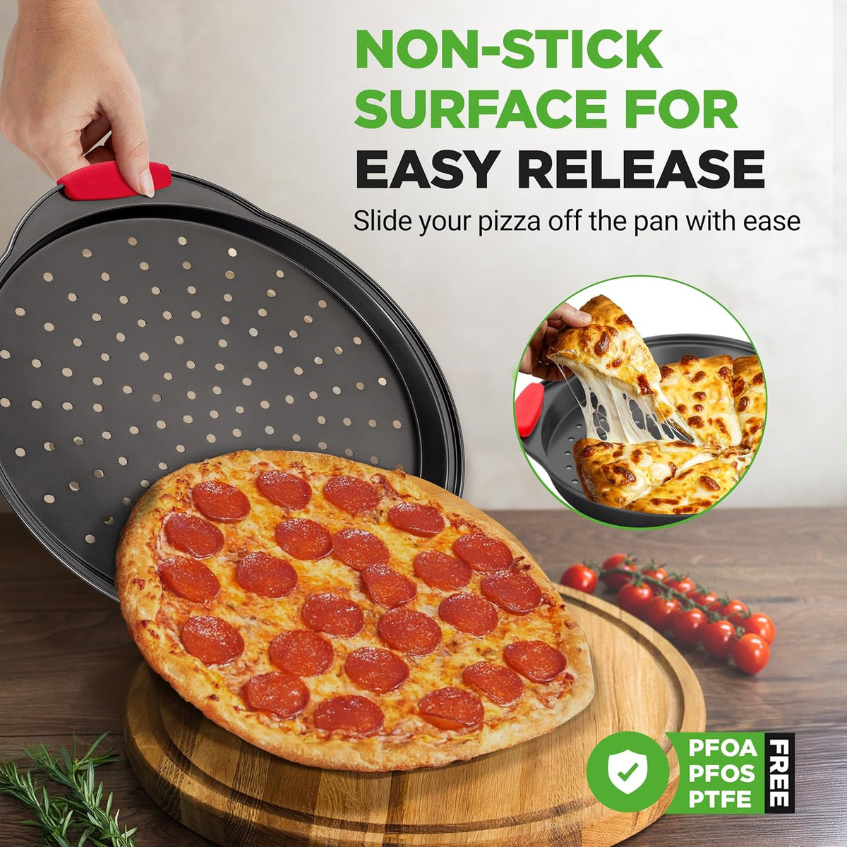 NutriChef 2-Piece 13-Inch Nonstick Pizza Tray, Round Carbon Steel Non-Stick Pizza Baking Pan with Perforated Holes, Premium Bakeware Pizza Screen with Silicone Grip Handles, Dishwasher Safe, NCBPIZX2