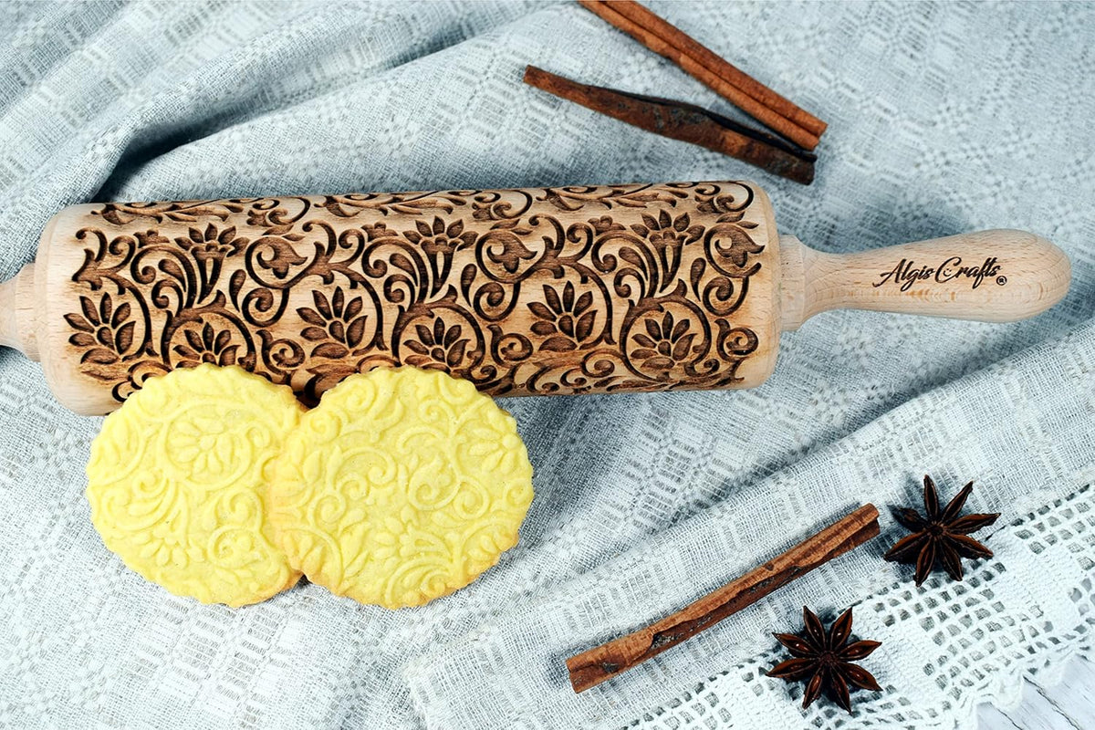 FLOWERING VINE Embossing Rolling Pin. Laser Engraved Dough Roller with Climbing Flowers Pattern for Embossed Cookies or Pottery by Algis Crafts