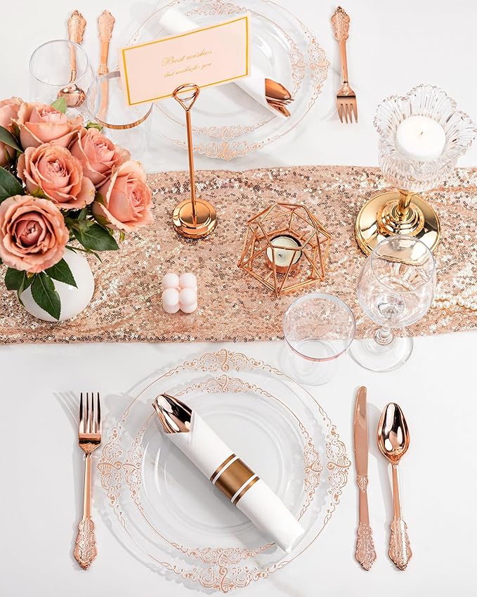 Nervure 350PCS Rose Gold Plastic Plates - Rose Gold Plastic Dinnerware Sets for 50 Guests - 100 Disposable Plates, 150 Silverware, 50 Cups, 50 Napkins for Wedding & Party