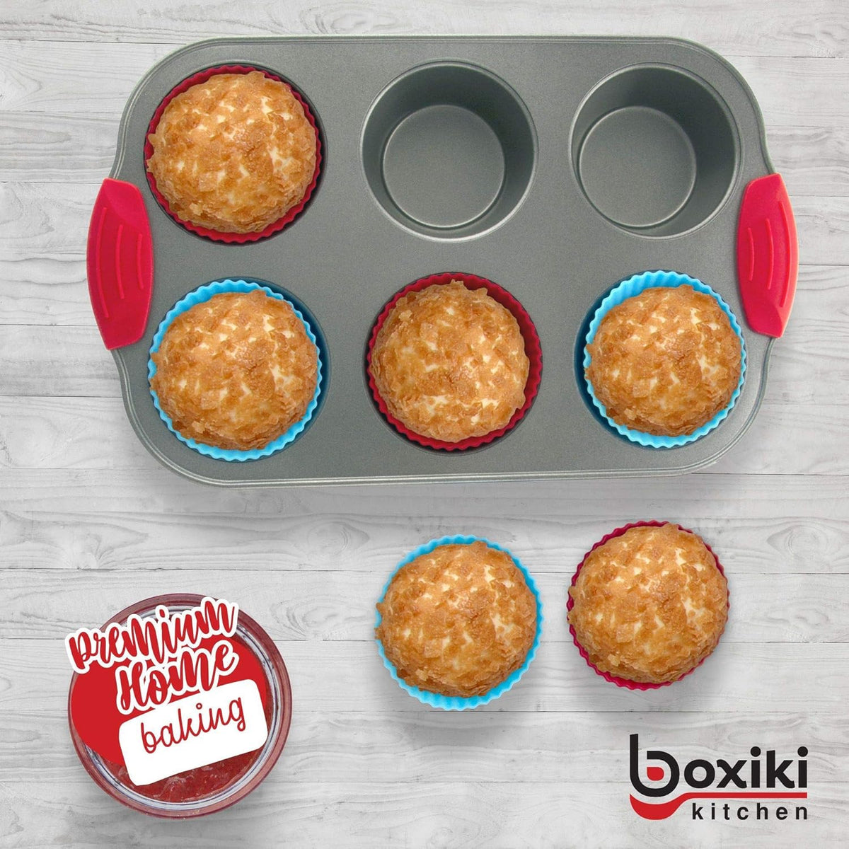 Boxiki Kitchen Non-Stick Steel 6 Cup Muffin Pan with Silicone Handles and Reusable Liners - Perfect for Baking Large Muffins and Cupcakes