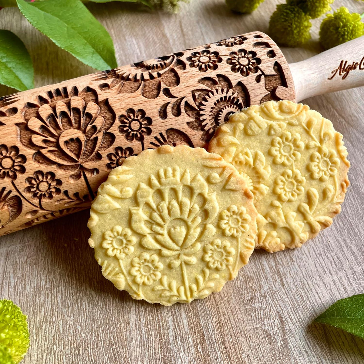 FOLK Embossed Rolling Pin. Wooden Embossing Rolling Pin With Folksy Flowers for Pottery and Cookies by Algis Crafts