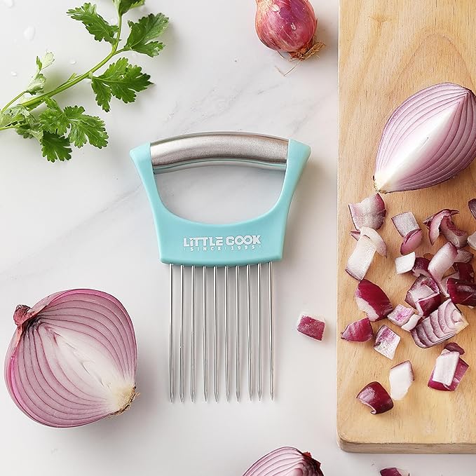 Onion Slicer Cutter, Little Cook Stainless Steel Onion Holder for Slicing and Storage of Onions, Avocados, tomato, Eggs, Dishwasher Safe, Protective Cover Included (Stylish Peapock blue)
