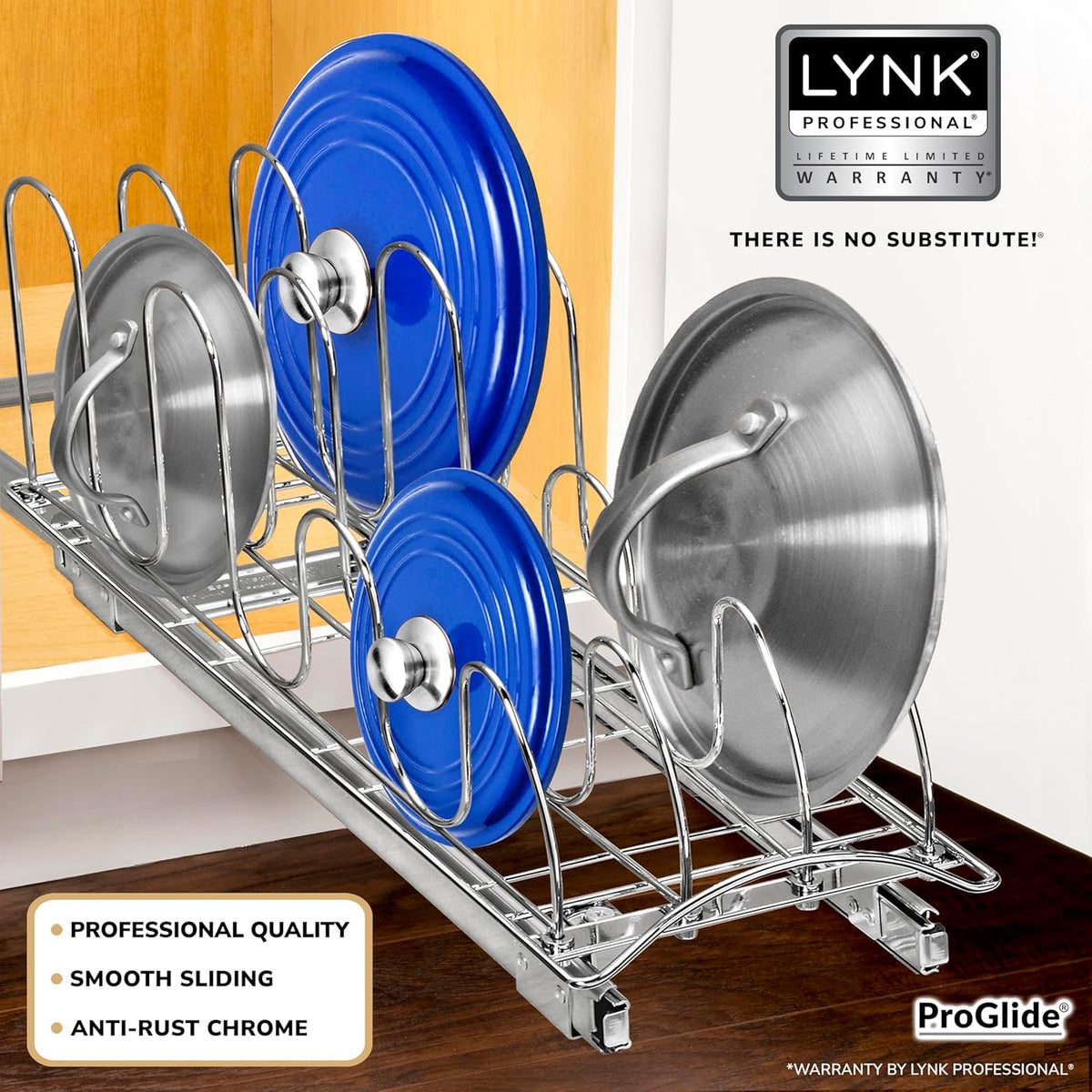 LYNK PROFESSIONAL® Pull Out Pot Lid and Cookie Sheet Organizer Rack for Cabinet - Lifetime Ltd. Warranty - Sliding Kitchen Organizers – Pans, Pots, Lids, and Tray Storage - 7.25 wide x 21 inch, Chrome