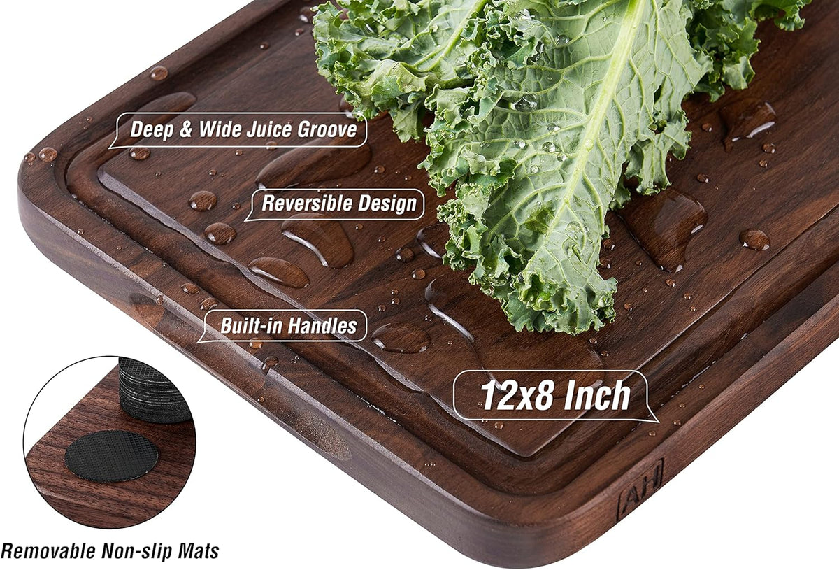 AZRHOM Small Walnut Wood Cutting Board for Kitchen 12x8 in (Gift Box) with Juice Groove Handles Non-slip Mats Thick Reversible Butcher Block Chopping Board