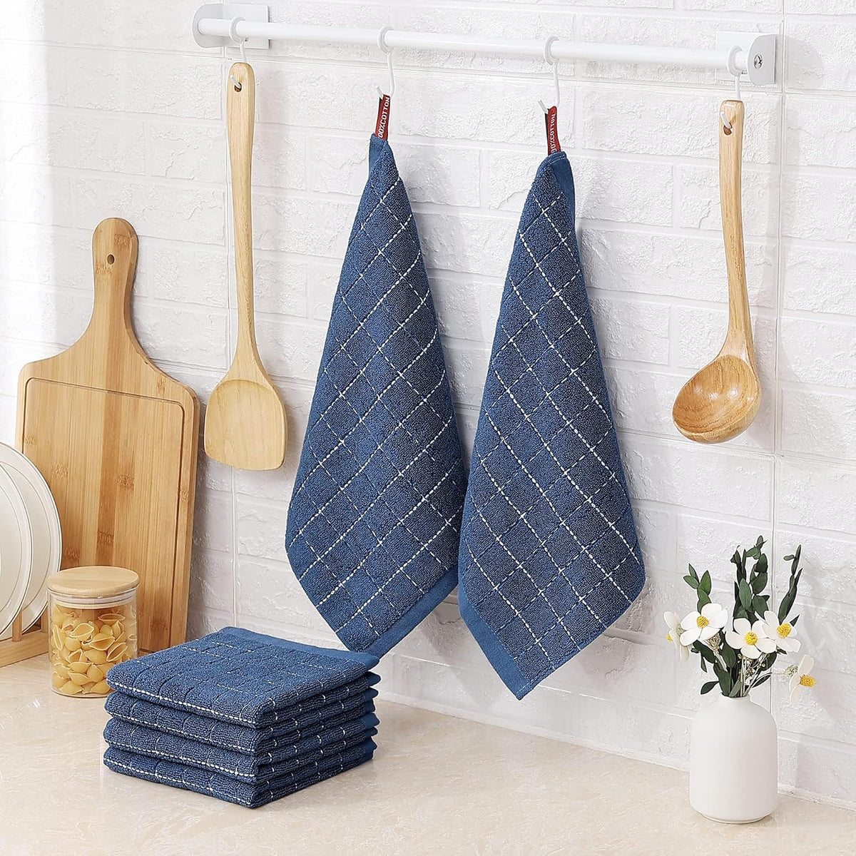 Homaxy 100% Cotton Terry Kitchen Dish Cloths, Ultra Soft and Absorbent Dish Towels for Kitchen, Suitable for Drying and Washing Dishes, 8 Pack, 12 x 12 Inches, Navy Blue