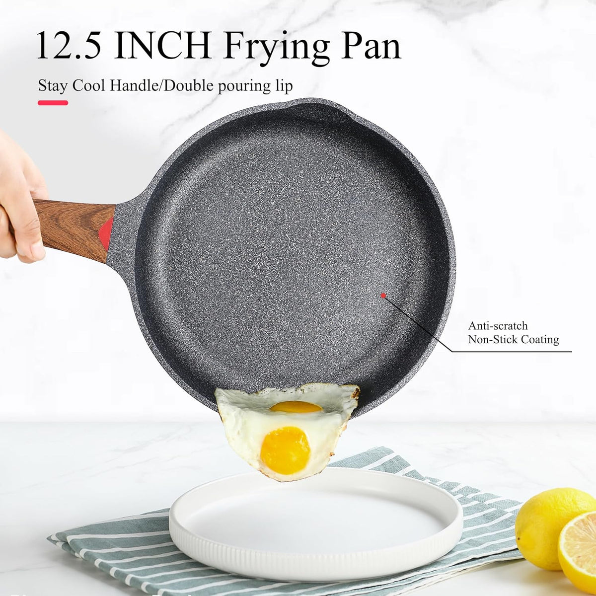 Vinchef Nonstick Frying Pan Anti Scratch,12.5 Inch Skillet Cast Aluminum Cookware, Induction Compatible
