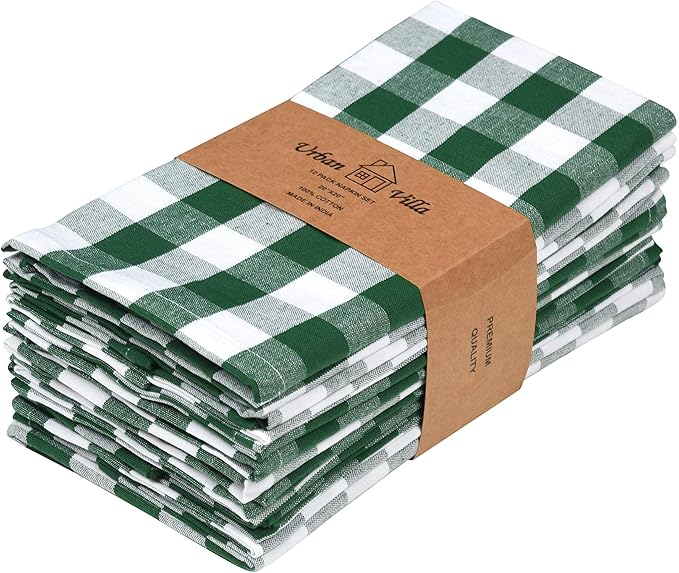 Urban Villa Cotton Dinner Napkins Set of 12, Highly Absorbent Soft Premium Cloth Napkins 20x20 Inches, Hotel Quality Reusable & Washable Table DinnerNapkins for Home -(Hunter/White, Buffalo Checked)