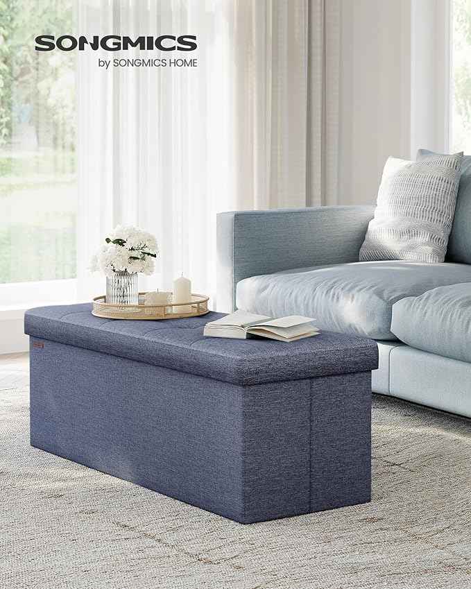 SONGMICS MAZIE Collection - 43 Inches Folding Storage Ottoman Bench, Ottoman Foot Rest, End of Bed Bench, Storage Chest, Load 660 lb, for Living Room, Bedroom, Entryway, Misty Blue ULSF077Q01