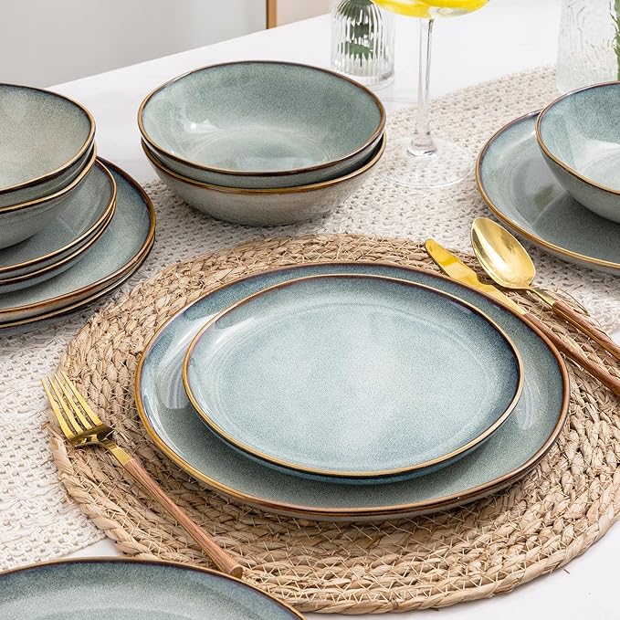 AmorArc Ceramic Dinnerware Sets,Handmade Reactive Glaze stoneware Plates and Bowls Sets,Highly Chip and Crack Resistant | Dishwasher & Microwave Safe,Service for 4 (12pc)