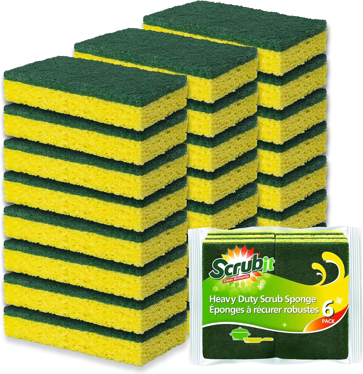 SCRUBIT Heavy Duty Scrub Sponges - Dishwashing Sponge Along with A Tough Scouring Pad - Ideal for Cleaning Kitchen, Dishes, Bathroom - Yellow - 24 Dish sponges