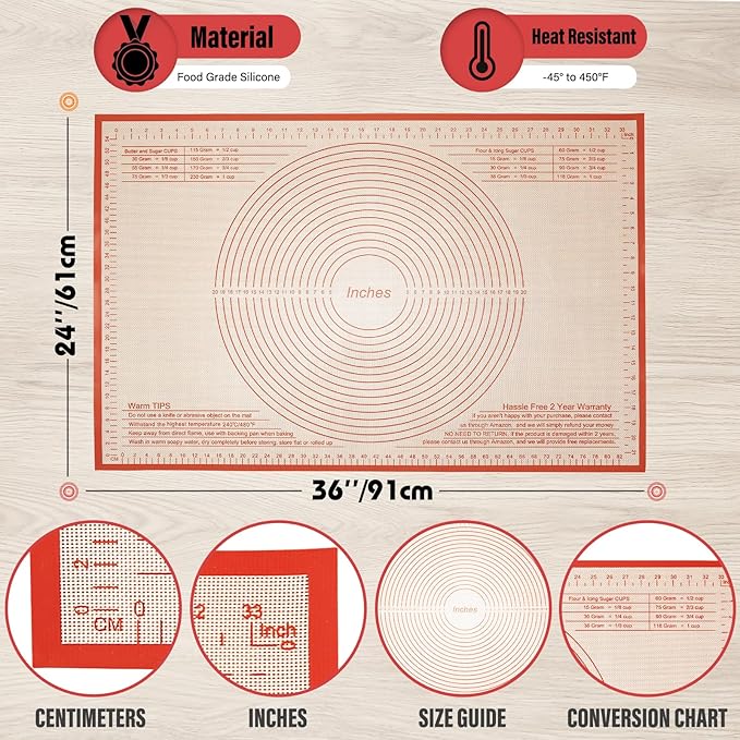 Silicone Pastry Mat 36x24 Inch Nonstick Baking Mat -Perfect for Doug, Pastry, Dough Rolling, Kneading Board, Pie Crust, Fondant, Pasta/Pizza, Kitchen Counter Mat