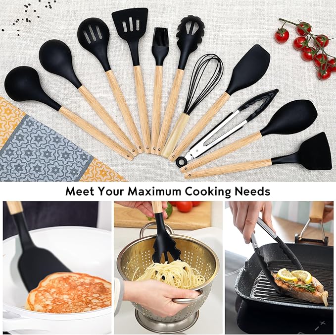 19 PCS Kitchen Cooking Utensils Set, 11 Pieces Silicone Cooking Utensils Set 6 Pieces Sharp Stainless Steel Black Knife Set with 1 Piece Cutting Board, Ideal for Apartment