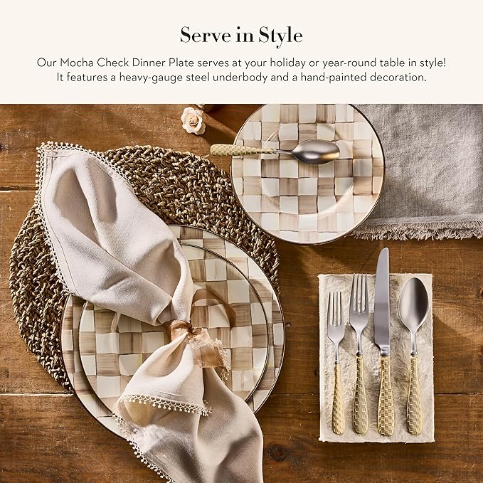 MACKENZIE-CHILDS Enamel Dinner Plate, Decorative Dinnerware Plate, 10 Inches, Brown-and-White Mocha Check