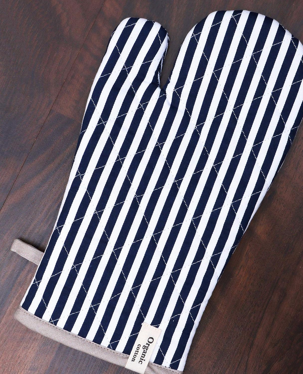 AMOUR INFINI Striped Pot Holders and Oven Mitts Heat Resistant Non Slip Reusable Set of 1 Oven Mitt and 1 Pot Holder Oven Gloves Pot Holder for Cooking (Blue)