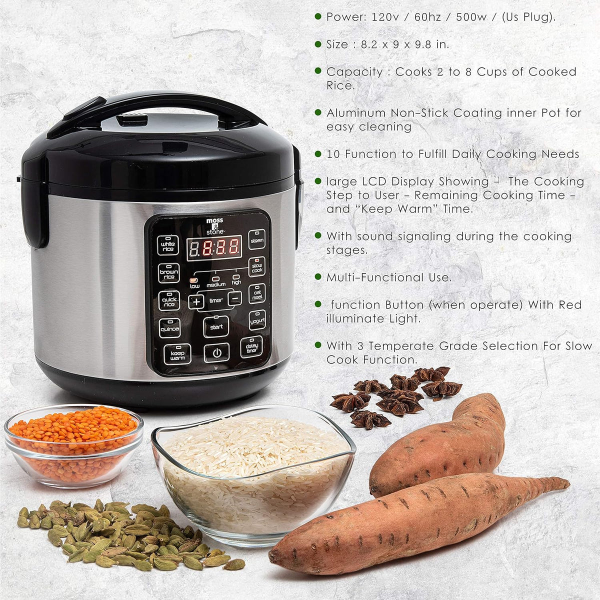 Moss & Stone - Small Digital Electric Rice Cooker, 4-8 Cups, 10 Preset Settings, Brown and White Rice Steamer, Slow Cooker with Steamer for Vegetables, Pot