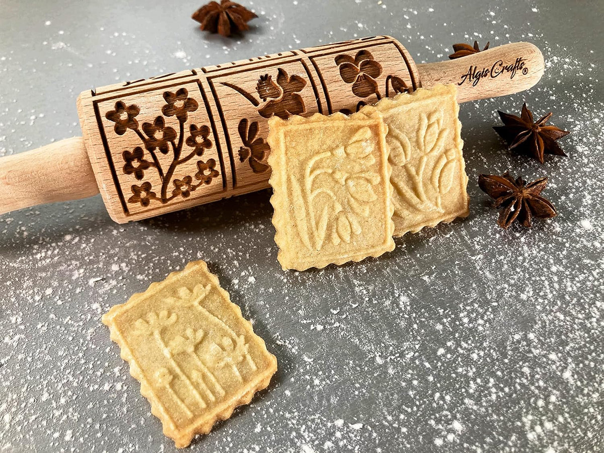 EASTER 3 Mini Embossed Rolling Pin Set. Wooden Laser Cut Embossing Rolling Pins for Embossed Cookies. Easter, Rabbit, Egg, Chicken, Spring, Flowers from Algis Crafts