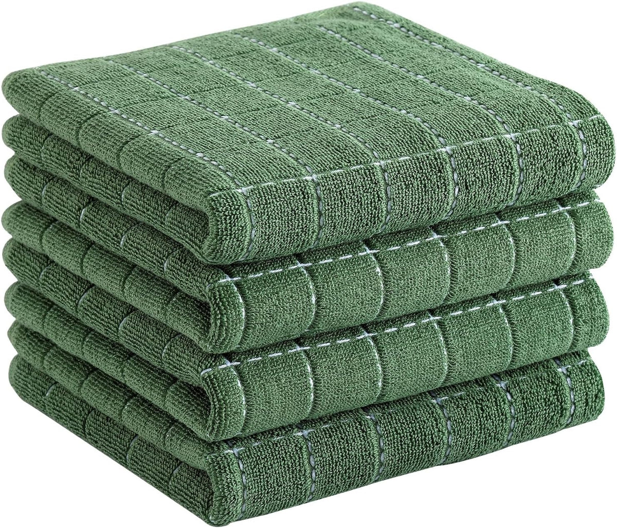 Homaxy 100% Cotton Terry Kitchen Towels(Grass Green, 13 x 28 inches), Checkered Designed, Soft and Super Absorbent Dish Towels, 4 Pack
