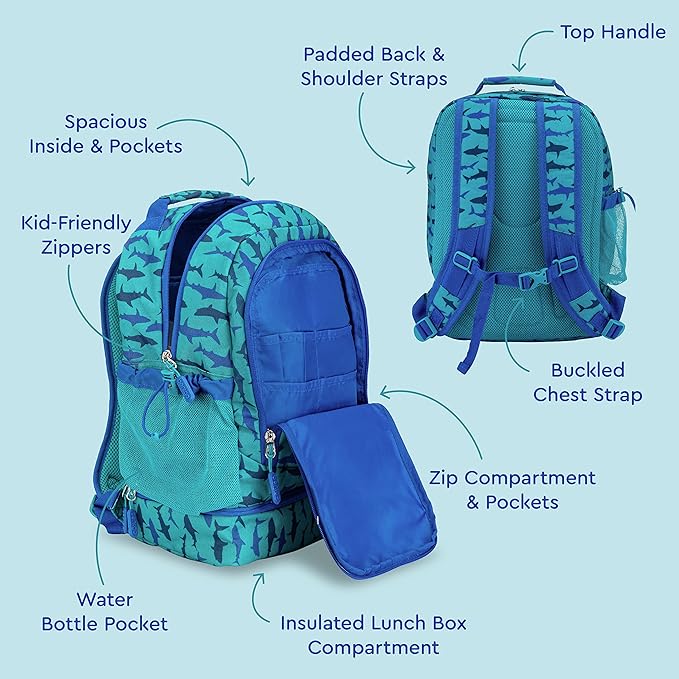 Bentgo Kids 2-in-1 Backpack & Insulated Lunch Bag - Durable 16” Backpack & Lunch Container in Unique Prints for School & Travel - Water Resistant, Padded & Large Compartments (Shark)