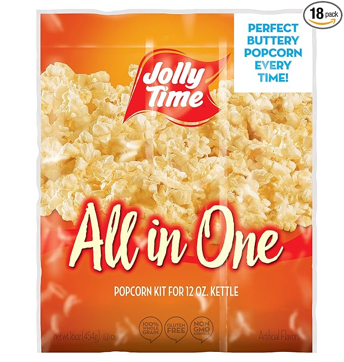 JOLLY TIME All in One Popcorn Kit, Portion Packets with Kernels, Oil and Salt for Movie Theater or Air Popper Machines (18 pack, 12oz Kettle)