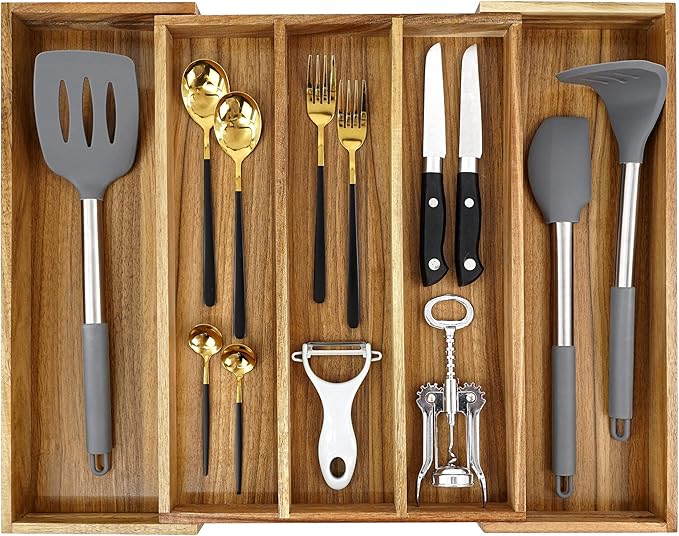 Luxury Acacia Silverware Organizer -Kitchen Drawer Organizer - Utensil Holder and Cutlery Organizer with Grooved Drawer Dividers for Flatware and Kitchen Utensils (5 Slot)