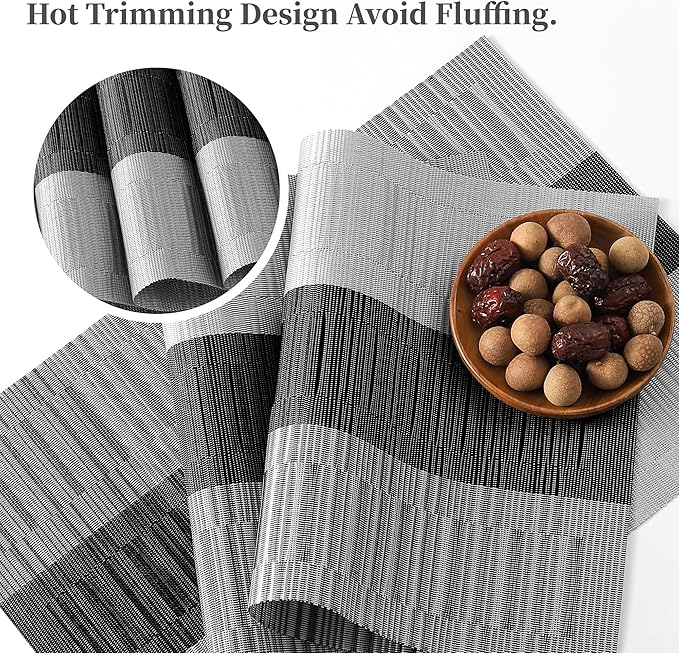 Leetaltree Grey with White Striped Placemats Set of 6 - Heat Resistant Non-Slip Place mats for Dining Table, Washable Durable PVC Vinyl Woven Table Mats（Grey Stripe, 6）