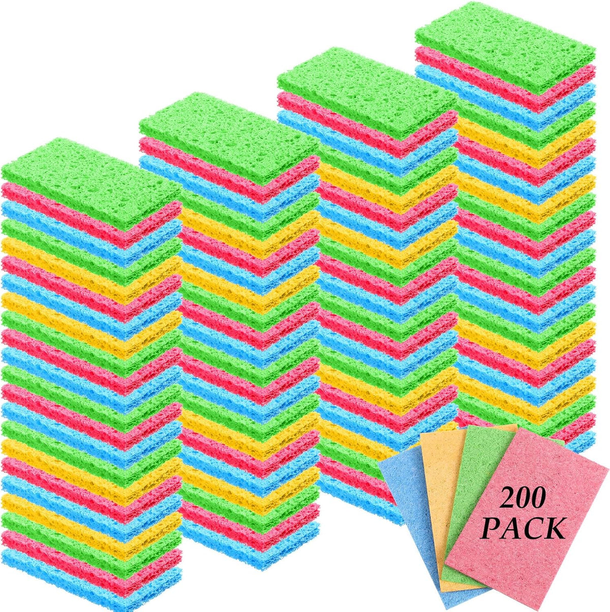 Zhengmy 200 Pieces Kitchen Sponge Bulk Natural Sponges for Dishes Compressed Wood Pulp Sponges Cleaning Sponge Without Scratching for Kitchen Bathroom, 3.9 x 2.4 x 0.12 Inch (Multicolor)