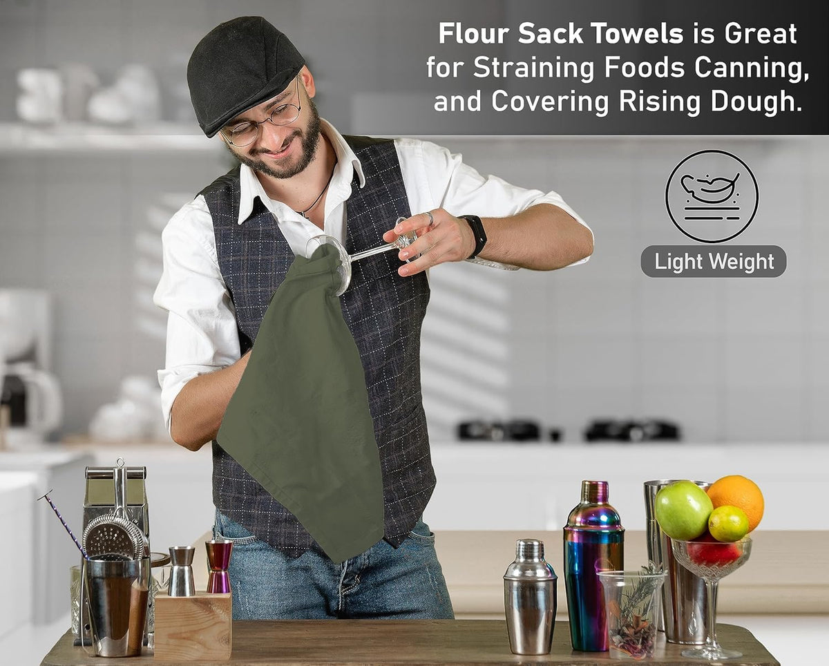 RUVANTI Flour Sack Towels 24 Pack 28x28 Inch, 100% Cotton Tea Towel, Reusable, Machine Washable, Absorbent BarTowels - Dish Cloth Perfect for Drying Dishes & Cleaning - Martini Olive