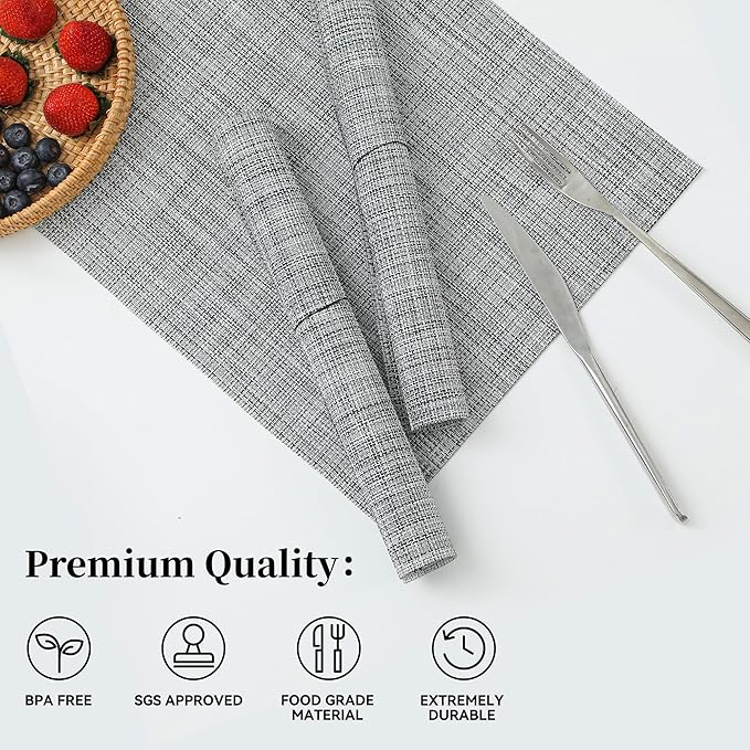 Leetaltree Linen Grey Placemats Set of 6 - Heat Resistant Non-Slip Place mats for Dining Table, Washable Durable PVC Vinyl Woven Table Mats（Linen Grey, 6）