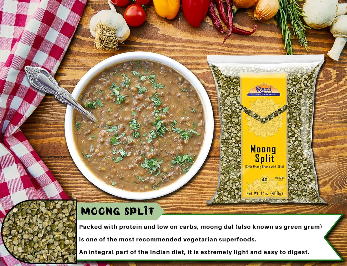 Rani Moong Split (Split Mung Beans with Skin) Lentils Indian 14oz (400g) ~ All Natural | Gluten Friendly | Non-GMO | Kosher | Vegan | Indian Origin