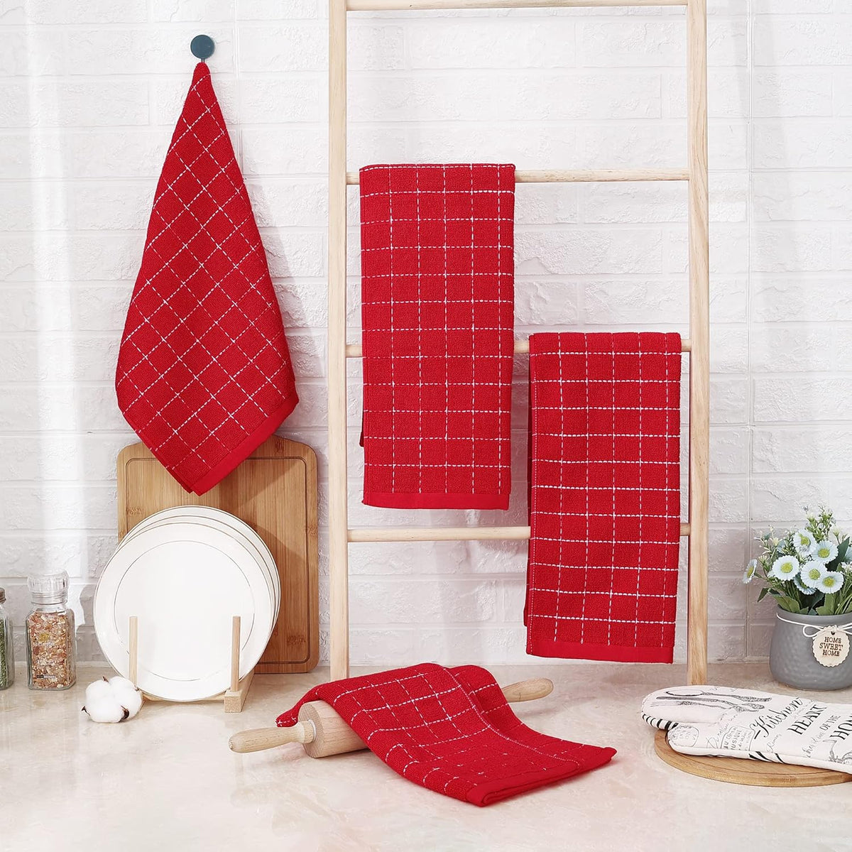 Homaxy 100% Cotton Terry Kitchen Towels(Red, 13 x 28 inches), Checkered Designed, Soft and Super Absorbent Dish Towels, 8 Pack