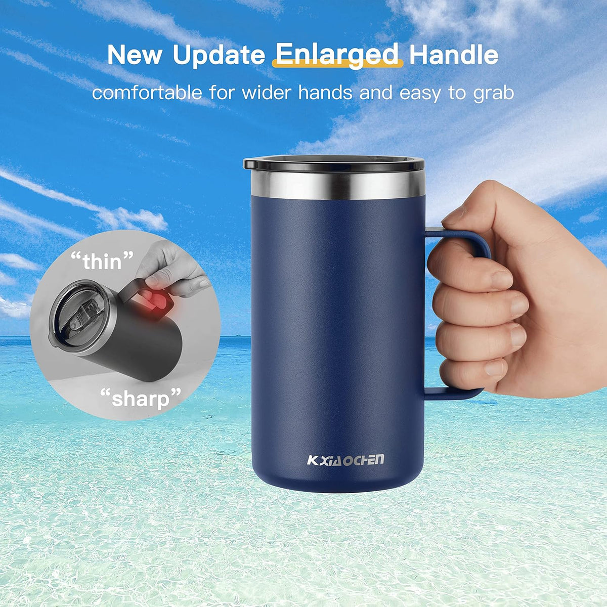 KXIAOCHEN 20oz Insulated Coffee Mug with Lid, Stainless Steel Coffee Cup, Double Wall Vacuum Coffee Tumbler with Handle, Premium Thermal Travel Coffee Mug (Blue green Navy 2Pack)