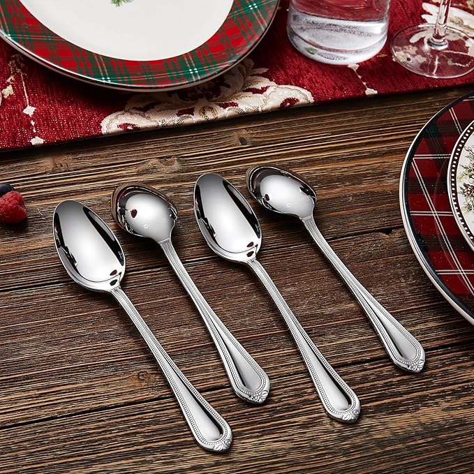 KEAWELL Pearl Edge 4-Piece Premium Spoon Set, 18/10 Stainless Steel, Fine Silverware Spoons with Refined Bead Design, Brightly Polished, Dishwasher Safe (Silver, 7.56" Dinner Spoons)