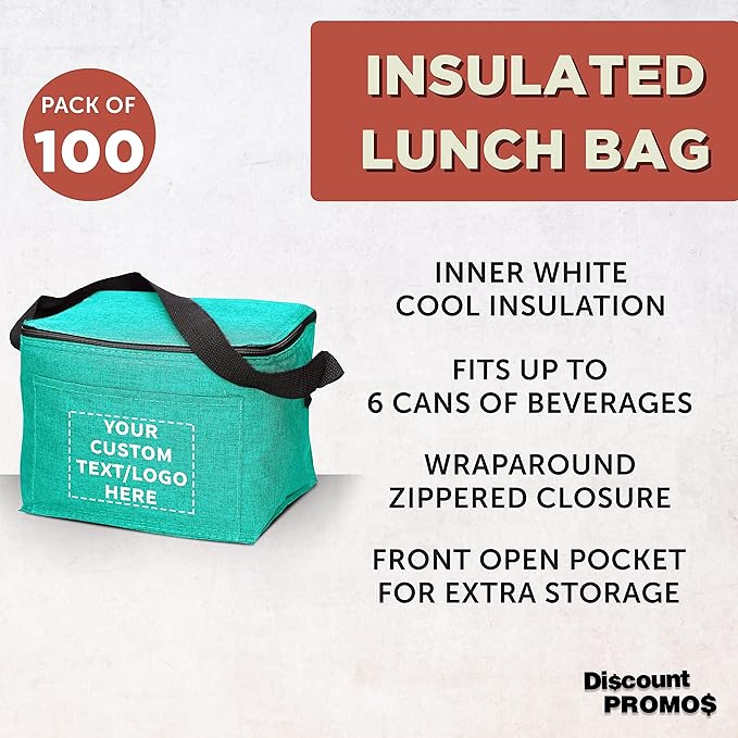 DISCOUNT PROMOS Custom Insulated Cooler Lunch Bag Set of 100, Personalized Bulk Pack - Perfect for Work, Travel, Outdoor Events - Mint