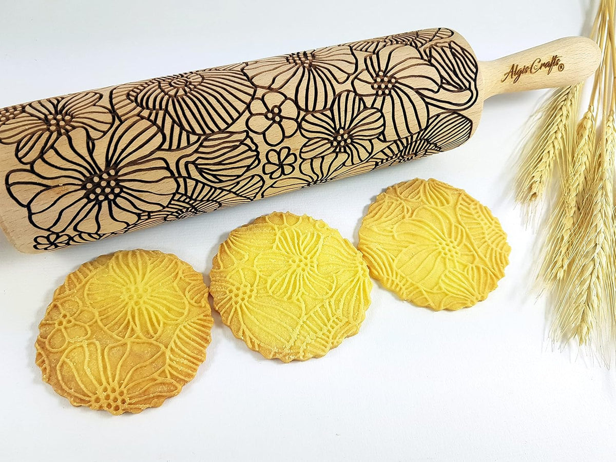 Embossing Rolling Pin POPPY. Dogh Roller with Wildflower Corn Poppies Pattern for Embossed Cookies and Pottery by Algis Crafts
