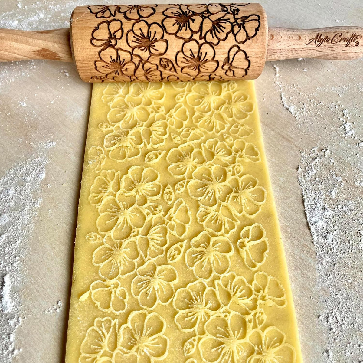 GARDEN BLOSSOMS 3 Small Size Embossed Rolling Pin Set. Wooden Laser Engraved Embossing Dough Roller for Embossed Cookies Gift for Birthday, Easter by Algis Crafts