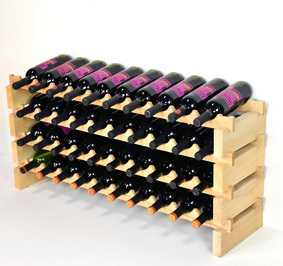 sfDisplay.com,LLC. Modular Wine Rack Beechwood 40-120 Bottle Capacity 10 Bottles Across up to 12 Rows Newest Improved Model (40 Bottles - 4 Rows)