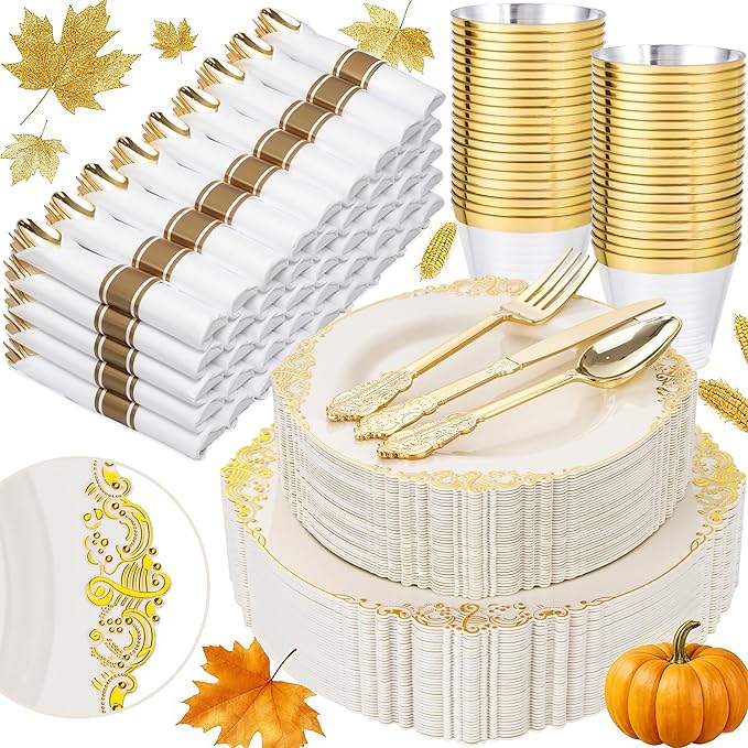 Nervure 350PCS Ivory Plastic Plates - Ivory Gold Plastic Dinnerware Sets for 50 Guests - 100 Gold Disposable Plates, 50 Pre Rolled Silverware Sets, 50 Cups Perfect for Wedding & Thanksgiving